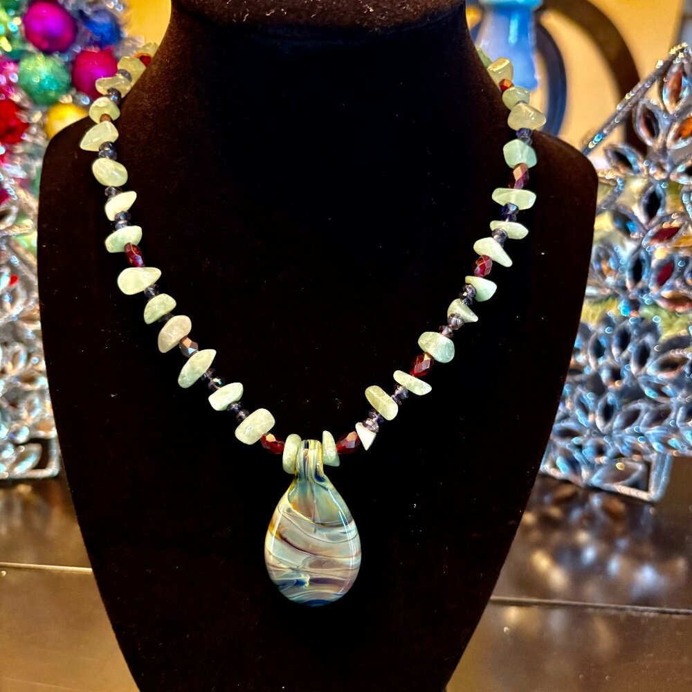Art glass pendant with natural jadeite, garnet and iolite stone necklace